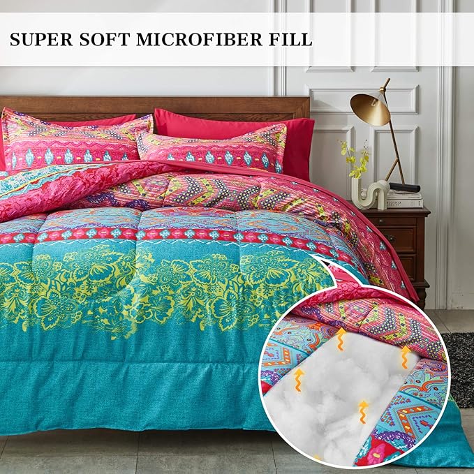 Flysheep Boho Bed in a Bag 7 Pieces Queen Size, Colorful Bohemian Tribal Style Pink n Blue Floral Reversible Comforter Set (1 Comforter, 1 Flat Sheet, 1 Fitted Sheet, 2 Pillow Shams, 2 Pillowcases)