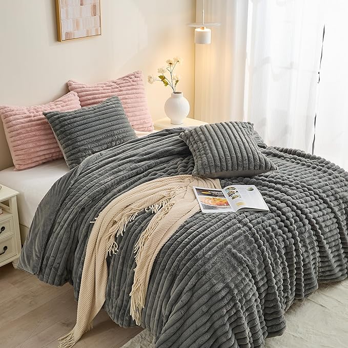 Simple&Opulence Fluffy Faux Fur Comforter Set, Plush Fuzzy Minky Bedding Set, 3 Pieces Warm Soft Comforter Bedding Set for Winter - 1 Shaggy Comforter with 2 Pillow Shams(Queen, Striped - Dark Grey)