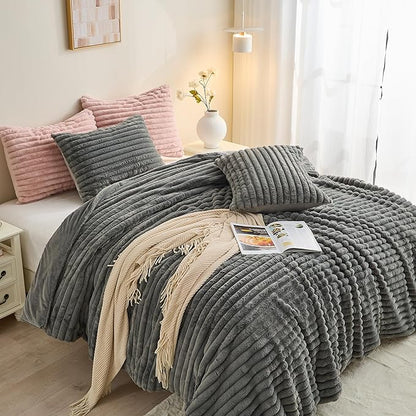 Simple&Opulence Fluffy Faux Fur Comforter Set, Plush Fuzzy Minky Bedding Set, 3 Pieces Warm Soft Comforter Bedding Set for Winter - 1 Shaggy Comforter with 2 Pillow Shams(Queen, Striped - Dark Grey)