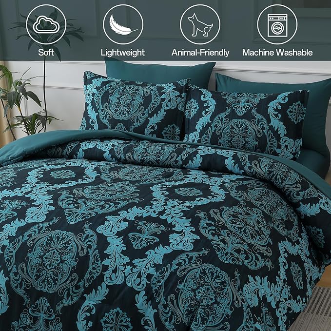 WONGS BEDDING 7 Piece Queen Comforter Set, Teal Texture Breathable Microfiber Comforter Bedding Set for All Season, Damask Bed in a Bag with Comforter, Flat Sheet, Fitted Sheet, Pillowcases & Shams