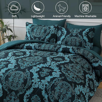 WONGS BEDDING 7 Piece Queen Comforter Set, Teal Texture Breathable Microfiber Comforter Bedding Set for All Season, Damask Bed in a Bag with Comforter, Flat Sheet, Fitted Sheet, Pillowcases & Shams