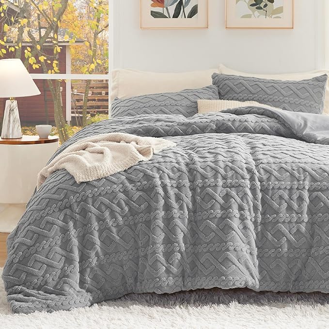 Bedsure Queen Fluffy Comforter Set, Grey Plush Fleece Bed Set, Luxury Jacquard Farmhouse Boho Soft Warm Bedding for Winter, 3 Pieces, 1 Comforter (90"x90") and 2 Pillowcases (20"x26")