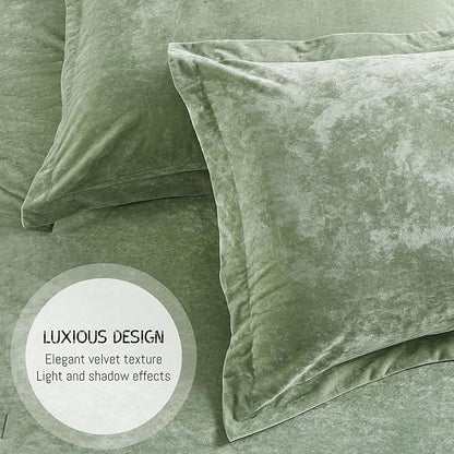 Luxury Velvet King Size Comforter Set, 3 Pieces Reversible Brushed Solid Microfiber Back, All Season Cozy, Soft, Warm (Sage Green,104x90 in)