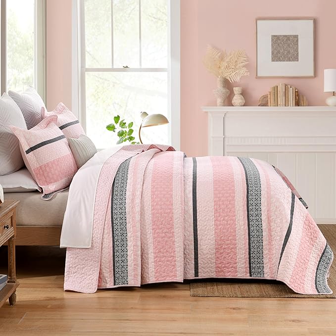 Homzard Quilts Queen Size, Cotton Comforter Set, Light Pink and Grey Queen Bed Set, Lightweight Striped Bedding, Farmhouse Bedspread All Season 3 Pieces