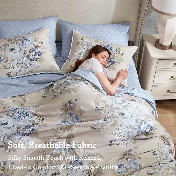 Madison Park Essentials Floral Comforter Set Twin XL Size, Vintage Flower Bedding Set with Sheet Set, 5 Pieces Bed in a Bag, Reversible Botanical Comforter, Pillowcases & Shams, Heather, Beige/Blue