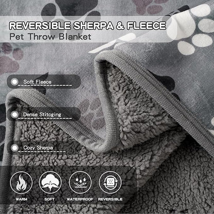 Waterproof Dog Blankets Pet Blanket 60"x80", Soft Fluffy Sofa Car Bed Protector, Reversible Sherpa Fleece Dog Blanket for Large Dogs (Dark Grey-Paws)