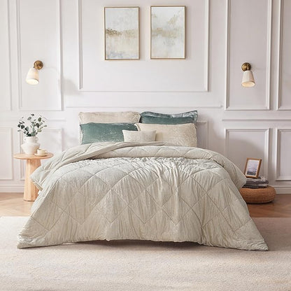 Intelligent Design Queen Comforter Set Velvet Comforters Queen Bedding Reversible, All Season, Diamond Quilted Bedding Microfiber Queen Size Comforters, Felicia, Full/Queen, Champagne 4 Piece