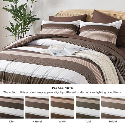 Andency California King Comforter Set Brown - 7 Pieces Striped Lightweight Bed in a Bag, Soft Microfiber Reversible Bedding Set with Comforter, Fitted & Flat Sheet, Pillowcases & Shams