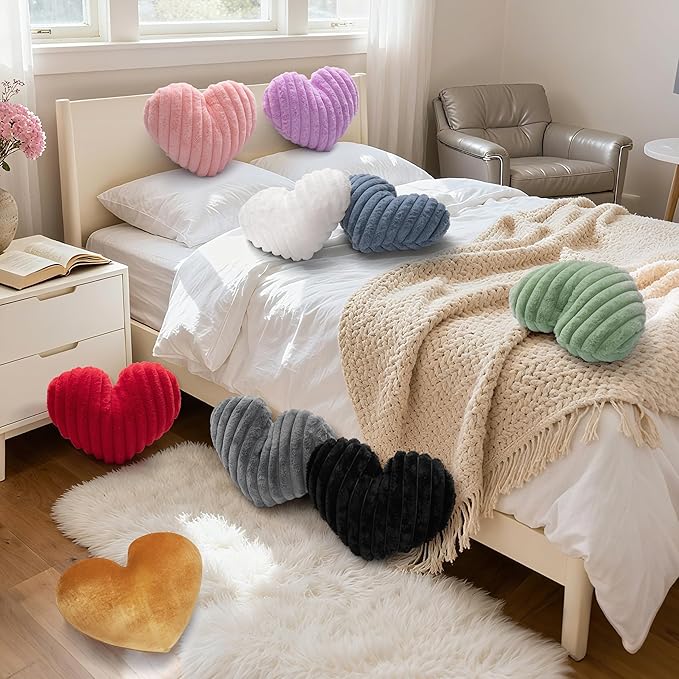 16 Inch Heart Pillow Cute Soft Decorative Throw Pillows, Heart Shaped Fluffy Faux Fur Pillows Cushions for Couch Sofa Bed Bedroom Room Home Decor Aesthetic (2, White, Medium-16 x13)