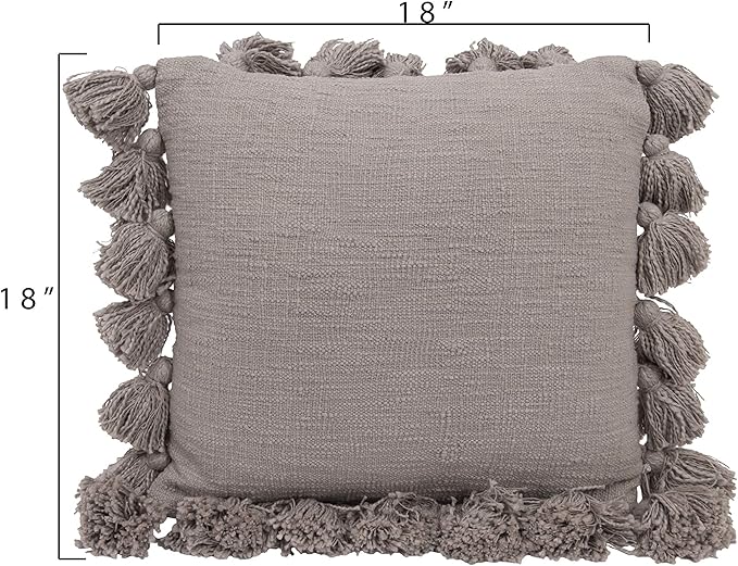 Grey Square Cotton Pillow with Tassels
