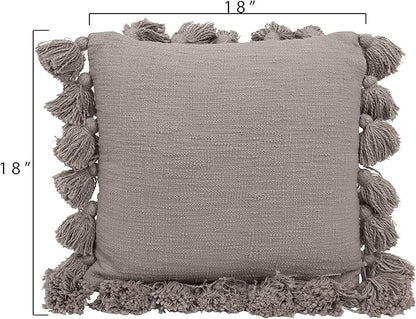 Grey Square Cotton Pillow with Tassels