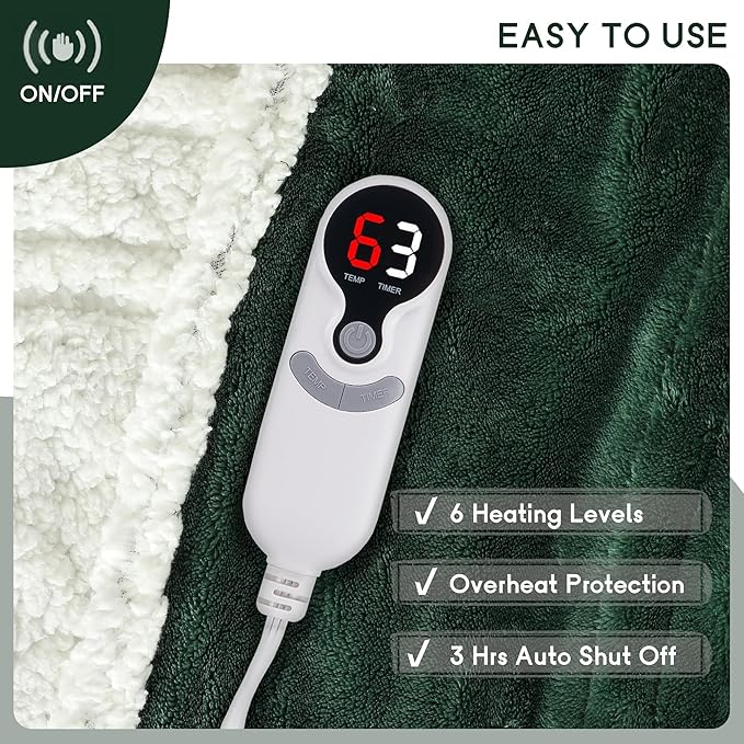 Heated Blanket Electric Throw Size 50''x60'' with 9 Heating Levels, 1-10 Hour Auto Shut Off, Machine Washable, Flannel & Sherpa Double-Sided Soft Warming Blanket for Couch, Bed, Office - Grass Green