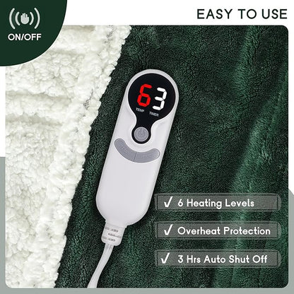 Heated Blanket Electric Throw Size 50''x60'' with 9 Heating Levels, 1-10 Hour Auto Shut Off, Machine Washable, Flannel & Sherpa Double-Sided Soft Warming Blanket for Couch, Bed, Office - Grass Green