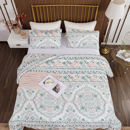 CLOTHKNOW Green Floral Queen Comforter Set Botanical Bedding Comforter Sets Boho Comforter Pumpkin Comforter Queen with 2 x Pillow Cases