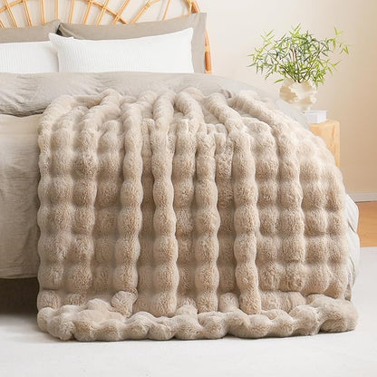 BENVWE Faux Fur Throw Blanket for Couch Bed - Fluffy Soft Thick Bubble Blanket for Living Room Home Decor - Mothers Day Birthday Gifts for Women, Beige, 63" x 80"