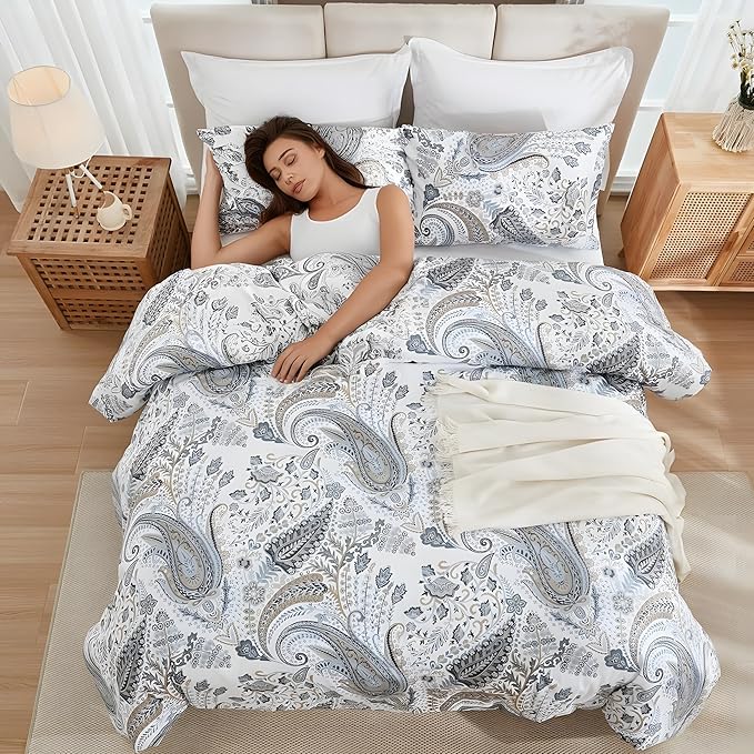 Grey Blue Paisley Comforter Set Queen Size 3 Pieces 100% Cotton Boho Paisley Pattern Bedding Set All Season Soft Cotton Lightweight Reversible Comforter