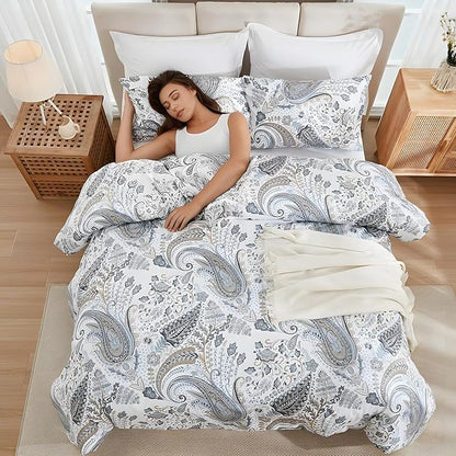 Grey Blue Paisley Comforter Set Queen Size 3 Pieces 100% Cotton Boho Paisley Pattern Bedding Set All Season Soft Cotton Lightweight Reversible Comforter