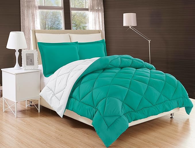 Elegant Comfort Goose Down Alternative -Diamond-Stitched- Quilted 2-Piece Reversible Comforter Set/Duvet Insert Soft Bedding-Medium Warmth for All Seasons, Twin/Twin XL, Teal/White