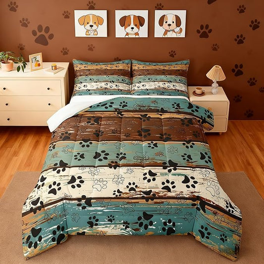 Manfei Dog Paw Print Comforter Set Full Size, Animal Theme Bedding Set for Kids Boys Girls Room Decor, Farmhouse Blue Brown Wooden Plank Down Comforter, Soft Polyester Quilt Set,2 Pillowcases