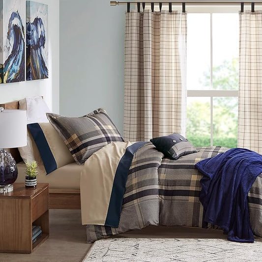 Intelligent Design Robbie 7-Piece Twin XL Comforter Set – Lightweight All-Season Plaid Bedding, Navy/Tan, Cozy Bed-in-a-Bag with Matching Shams & Decorative Pillow, Modern Casual Style