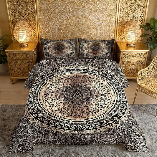 Castle Fairy Brown Black Mandala Comforter Set Twin Size,Boho Paisley Duvet Insert for Kid Teen Boys Girls Room Decor,Art Boho Quilted Duvet,Hippie Mandala Quilt Cover with 1 Pillowcase