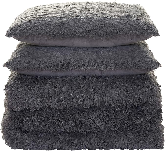 Plush Shaggy Comforter Set Ultra Soft Luxurious Faux Fur Decorative Fluffy Crystal Velvet Bedding with 2 Shams, Queen, Dark Gray