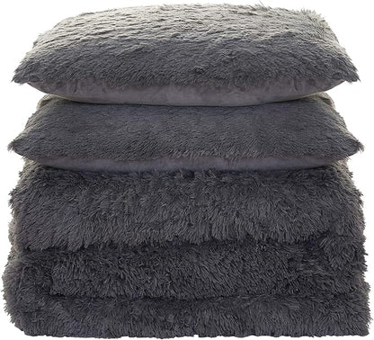 Plush Shaggy Comforter Set Ultra Soft Luxurious Faux Fur Decorative Fluffy Crystal Velvet Bedding with 2 Shams, Queen, Dark Gray