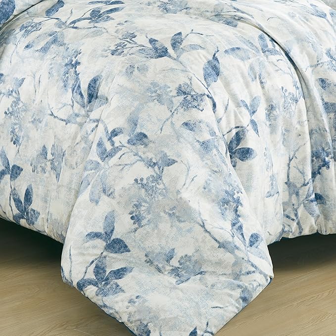 Chezmoi Collection Monica 3-Piece Boho Floral Comforter Set, King - Blue Gray White Tropical Flower Textured Printed Microfiber Lightweight Bedding Set
