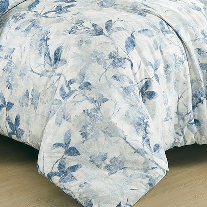 Chezmoi Collection Monica 3-Piece Boho Floral Comforter Set, Queen - Blue Gray White Tropical Flower Textured Printed Microfiber Lightweight Bedding Set