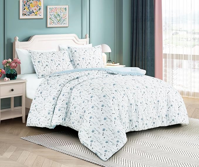 Chezmoi Collection Fran 3-Piece Boho Floral Comforter Set, King - Blue White Poppy Flower Watercolor Printed Microfiber Lightweight Bedding Set