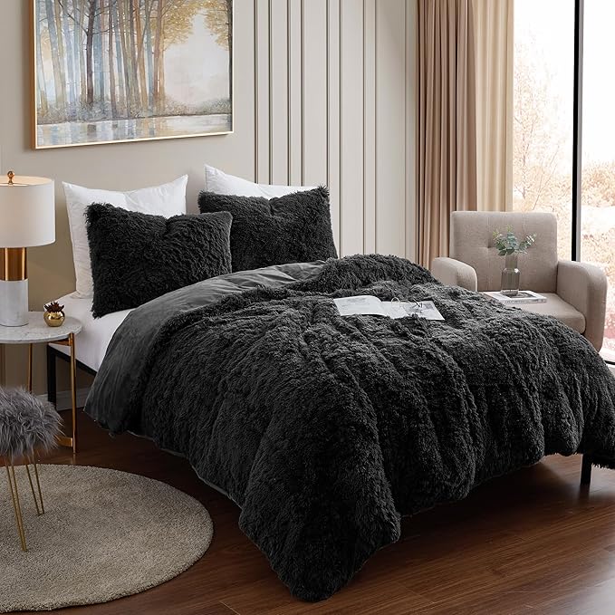 Full Size Luxury Faux Fur Comforter Set - Soft & Breathable 7-Piece Bedding Collection - 1 Comforter, 1 Fitted Sheet, 1 Flat, 2 Pillowcases, 2 Pillow Shams - Deep Pocket - Premium Quality, Black
