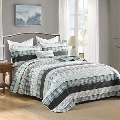Homzard King Comforter，Cotton King Size Quilt，Teal Black Beige Bedding Set，Plaid Striped Bedspread，Lightweight Reversible Coverlet All Season 3 Pieces