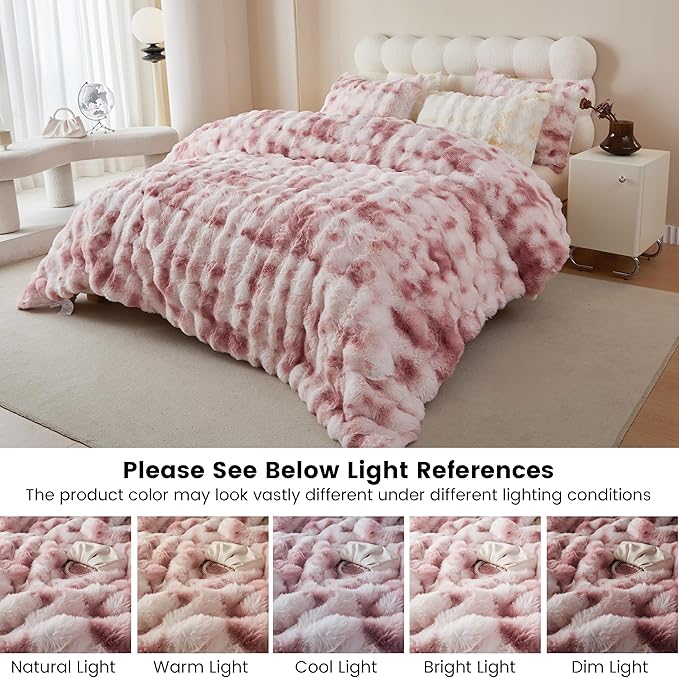 Simple&Opulence Fluffy Faux Fur Comforter Set, Plush Fuzzy Minky Bedding Set, 3 Pieces Warm Soft Comforter Bedding Set for Winter - 1 Shaggy Comforter with 2 Pillow Shams(Queen, Pink)