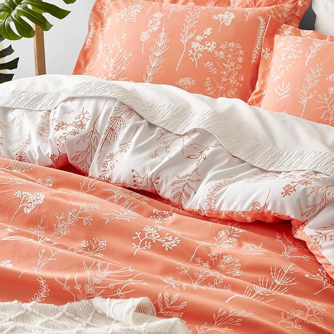 Bedsure Twin/Twin XL Comforter Set - Coral Orange Bed Set, 2 Pieces Cute Floral Bedding, 1 Soft Reversible Botanical Flowers Comforter and 1 Pillow Sham