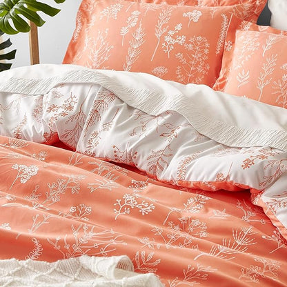 Bedsure Twin/Twin XL Comforter Set - Coral Orange Bed Set, 2 Pieces Cute Floral Bedding, 1 Soft Reversible Botanical Flowers Comforter and 1 Pillow Sham
