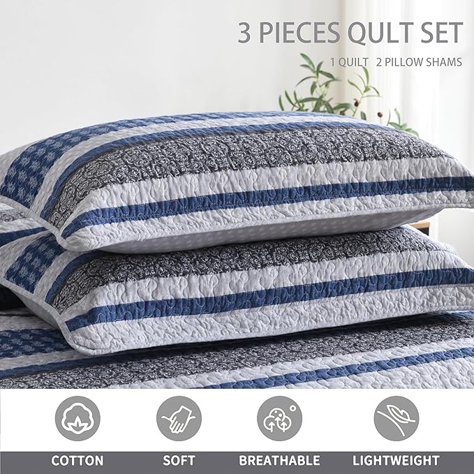 Homzard Quilt Bedding Set Queen Size - 100% Cotton Comforters Set Queen Size,Gray Blue Quilts Bedspread for The Bed, Farmhouse Lightweight Bedding (90 * 98 Inch) and 2 Pillow Shams All Season