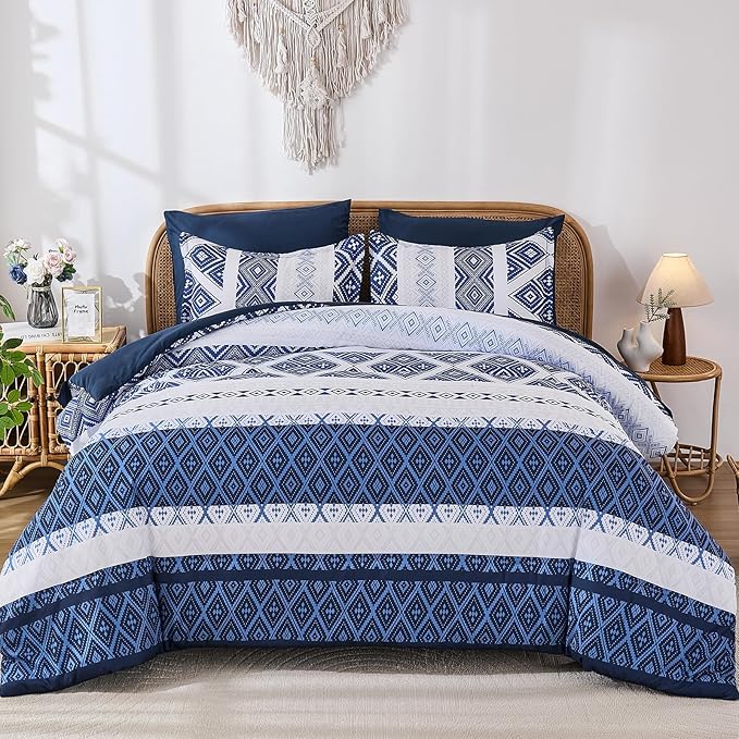 Luxudecor Blue Comforter Set King Size 7 Pieces,Boho Aztec Comforter with Sheet Set,Geometric Striped Pattern Bed in a Bag,Soft Microfiber Bed Set 104"x90"