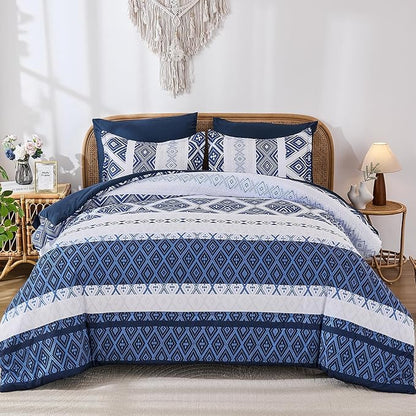 Luxudecor Blue Comforter Set King Size 7 Pieces,Boho Aztec Comforter with Sheet Set,Geometric Striped Pattern Bed in a Bag,Soft Microfiber Bed Set 104"x90"