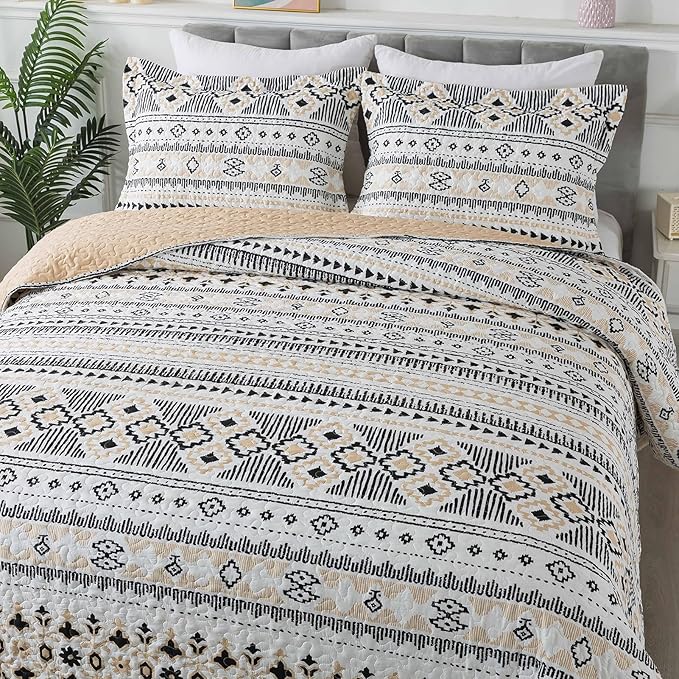 BEDIFANY Boho Quilt King Size Set, Lightweight Bedspread King Size Stripe Boho King Quilt, Quilt Bedding Set for Bed Decoration, All-Season Coverlet Set, 3 Pieces