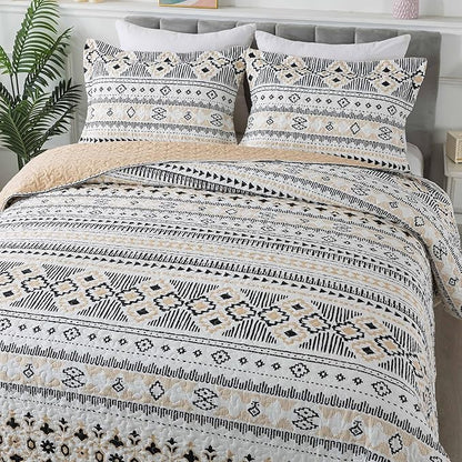 BEDIFANY Boho Quilt King Size Set, Lightweight Bedspread King Size Stripe Boho King Quilt, Quilt Bedding Set for Bed Decoration, All-Season Coverlet Set, 3 Pieces