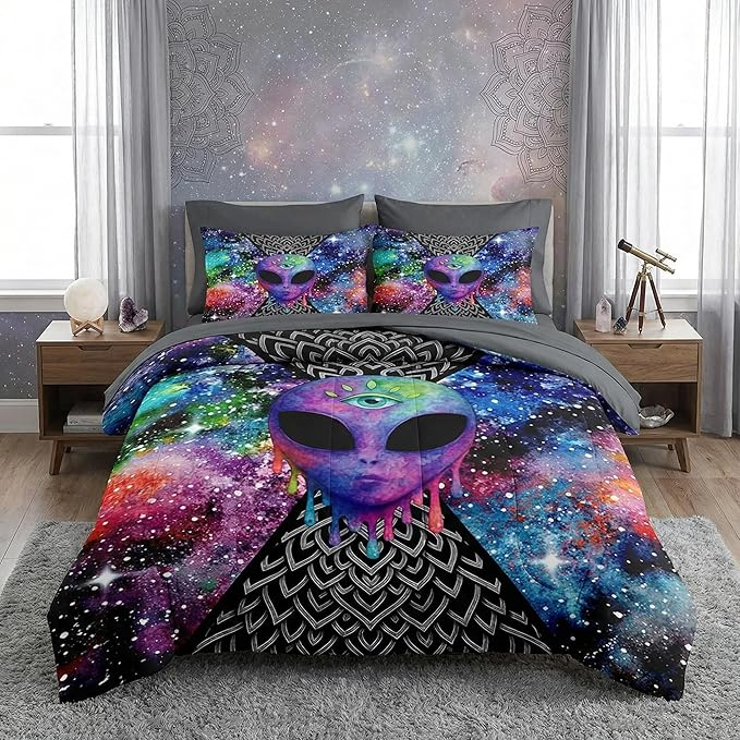 Nesker 7 Pcs Comforter Set Queen Size, Trippy Tie Dye Alien Abstract Bedding Set for Kids and Adults, Psychedelic Space Hippie Sheets Bed Sheet Sets with Fitted Sheet 2 Pillowcases & 2 Shams