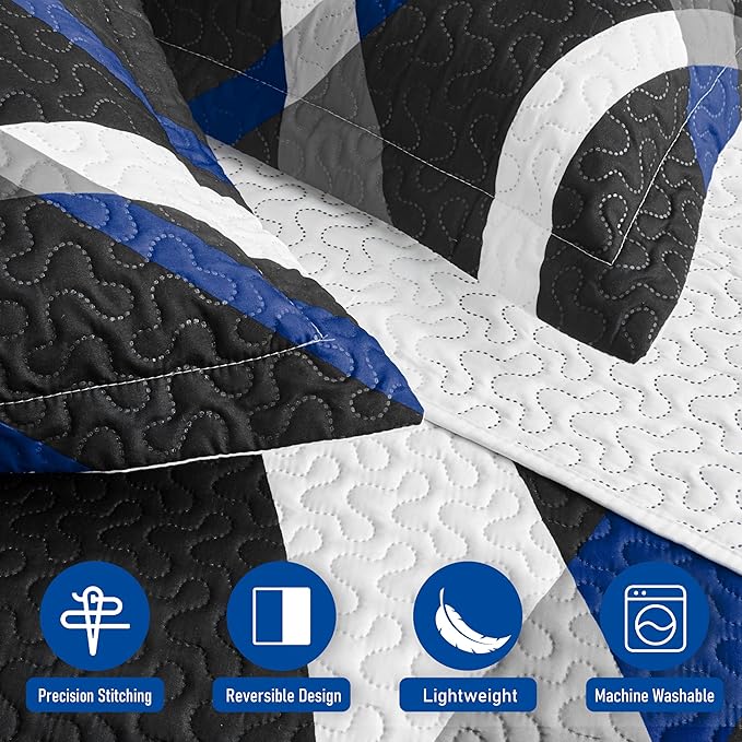 weesire Black and Blue Bedding Quilt Queen Size with 2 Shams, Modern Stripe Comforter Sets Classic Line Pattern Bedspreads Grey and Blue Coverlet, 90''x96''