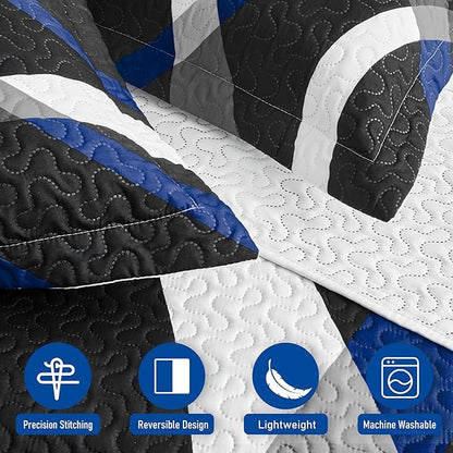 weesire Black and Blue Bedding Quilt Queen Size with 2 Shams, Modern Stripe Comforter Sets Classic Line Pattern Bedspreads Grey and Blue Coverlet, 90''x96''