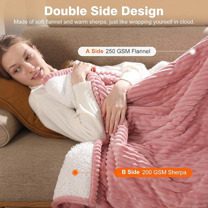 Electric Throw Heated Throw 50''x60'', Striped Flannel & Thicker Sherpa, 5 Heat Settings & 4 Hour Auto Off with FCC/ETL Certified, Overheat Protection & Machine Washable, Great Gift, Pink