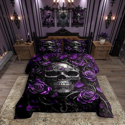 Erosebridal Gothic Skull Bedding Set for Adluts Kids Teens Halloween Goth Twin Comforter Vintage Victorian Romantic Purple Rose Floral Quilt Spooky Grunge Skeleton Boho Horror Bedding,Gothic Decor