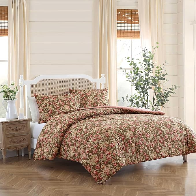 Laura Ashley - Full/Queen Comforter Set, Soft Cotton Bedding with Matching Shams, Floral Home Decor, Oeko-Tex Certified (Bloomsbury Brown, Full/Queen)