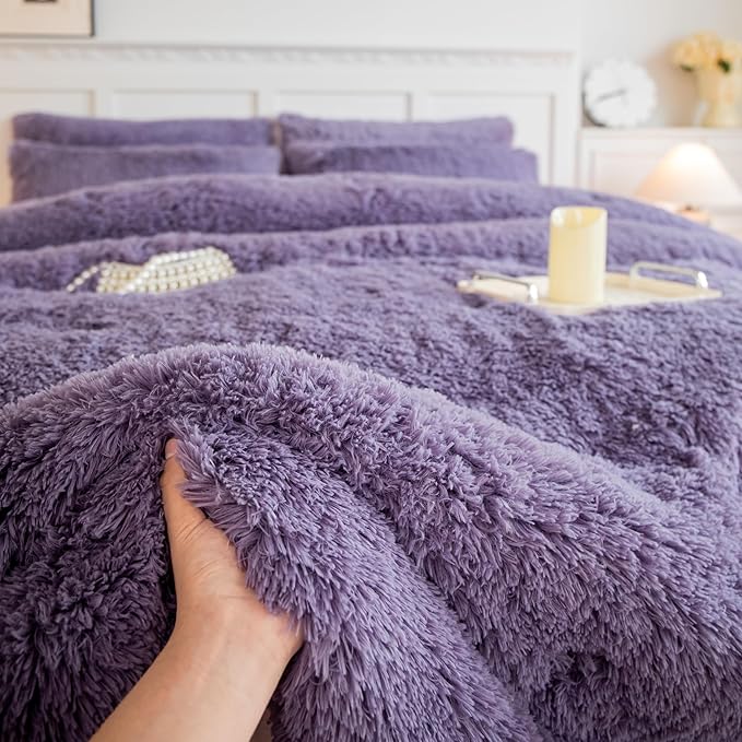 chovy Faux Fur Plush Purple Comforter Sets Twin/Full Size - Ultra Soft Shaggy Flannel Velvet Fluffy Fuzzy 3PC Bedding Set (Comforter x 1 Pillowcases x 2)