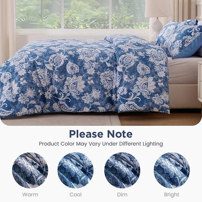 Sophia & William Blue and White Floral Queen Size Comforter Set, 3 Pcs Cotton Comforter Set with Flower Pattern Printed Comforter & 2 Pillowcases, All Season Lightweight Bedding Set