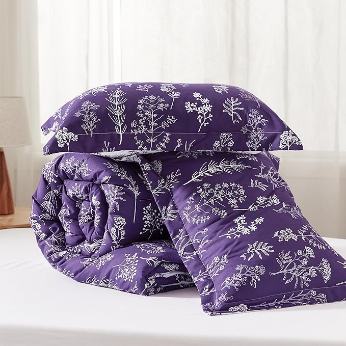 Bedsure Twin/Twin XL Comforter Set - Dark Purple Bed Set, 2 Pieces Cute Floral Bedding, 1 Soft Reversible Botanical Flowers Comforter and 1 Pillow Sham