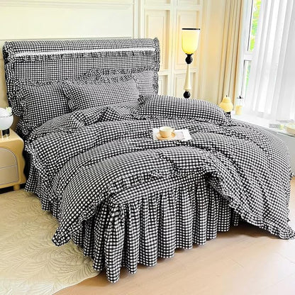 mixinni Vintage Black Gingham Ruffle Comforter Set 3-Piece Washed Cotton Queen Size Grid Bedding Set with Geometric Checkered Pattern, Farmhouse Chic Soft Fluffy Comforter for All-Season